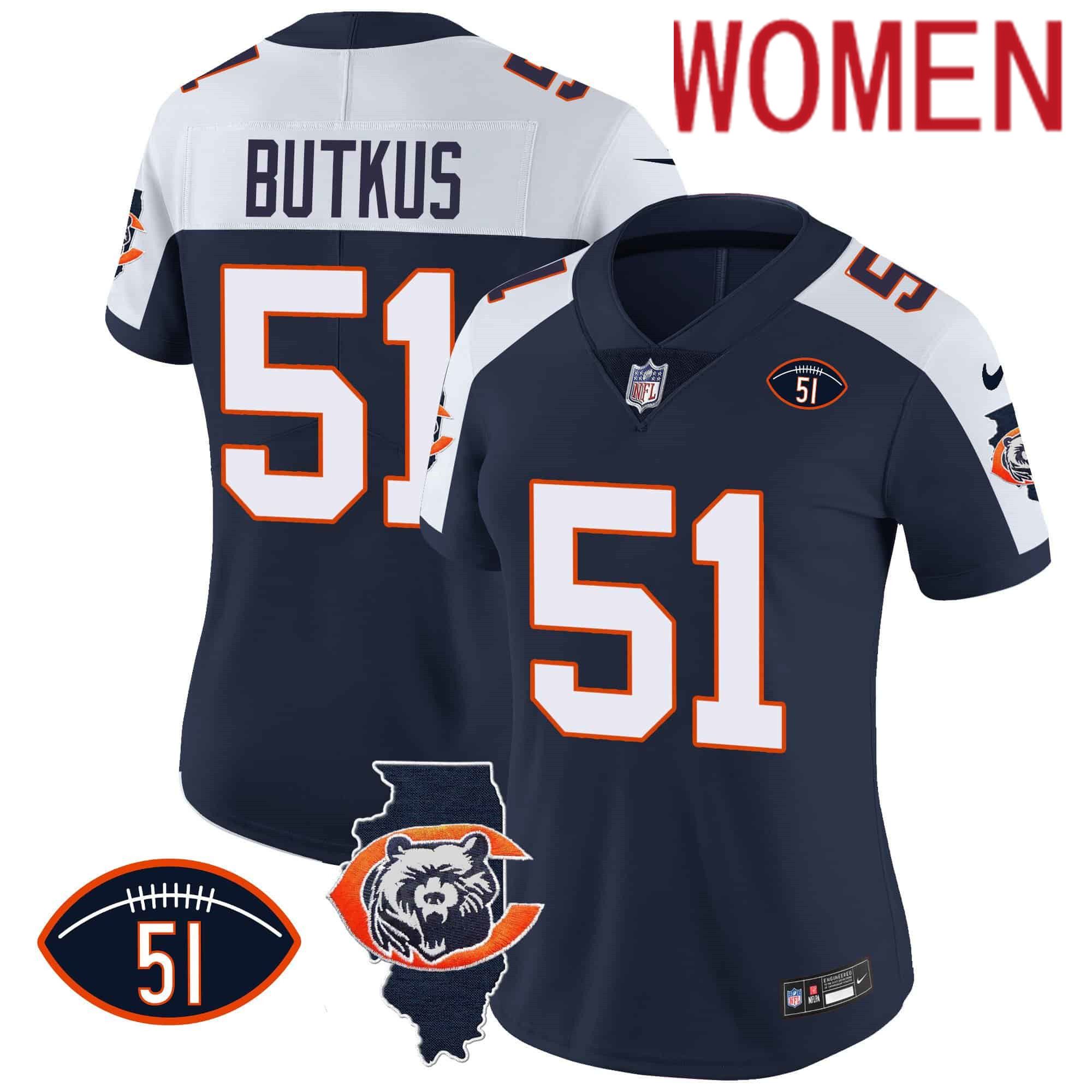 Women Chicago Bears #51 Butkus Blue 2024 Nike Throwback Illinois Patch Vapor NFL Jersey